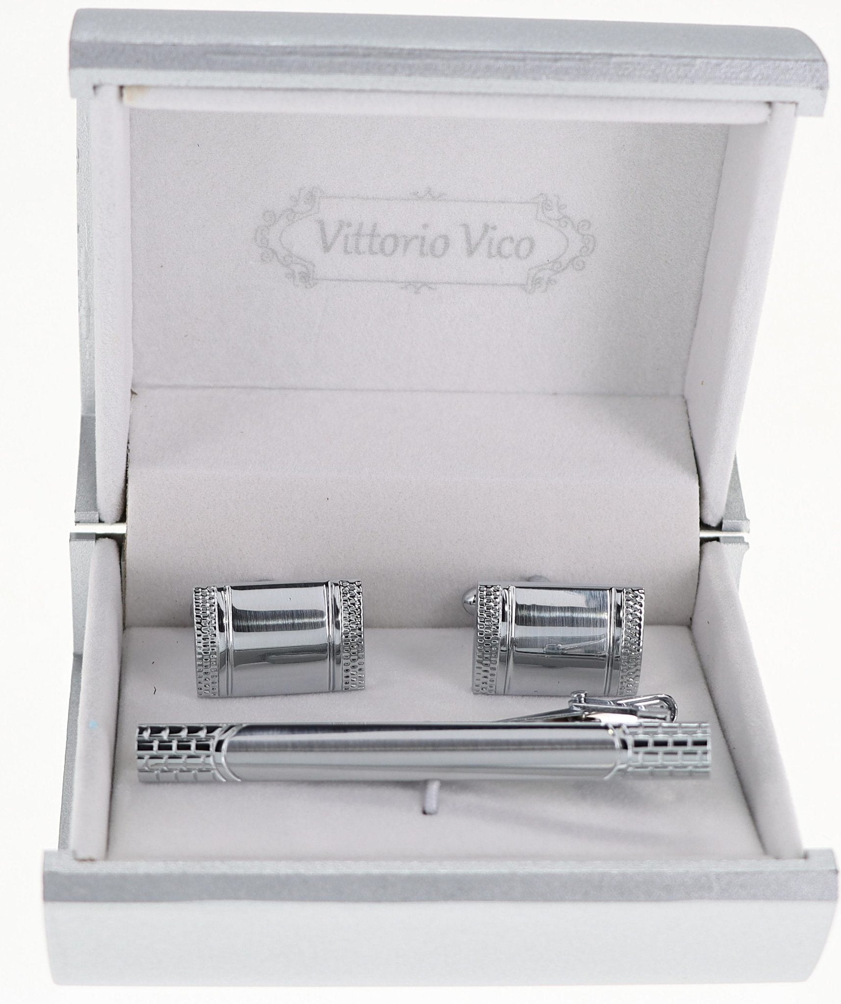 Vittorio Vico Plain Silver Cufflink & Tie Bar Set in Gift Box - CLTB-503 - Classy Cufflinks