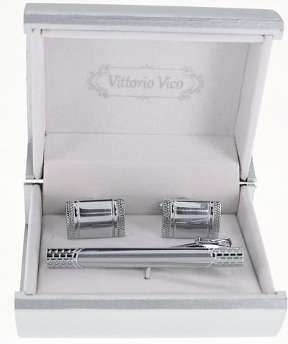 Vittorio Vico Plain Silver Cufflink & Tie Bar Set in Gift Box - CLTB-503 - Classy Cufflinks