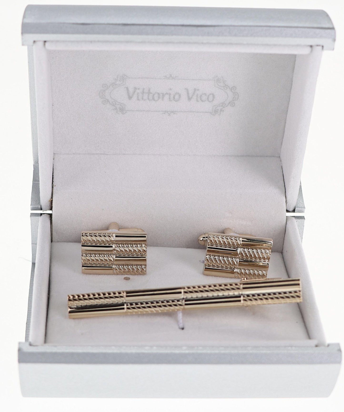 Vittorio Vico Plain Gold Cufflink & Tie Bar Set in Gift Box - CLTB-504 - Classy Cufflinks