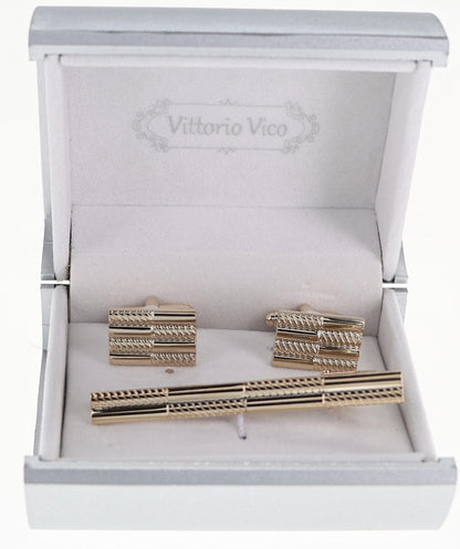 Vittorio Vico Plain Gold Cufflink & Tie Bar Set in Gift Box - CLTB-504 - Classy Cufflinks