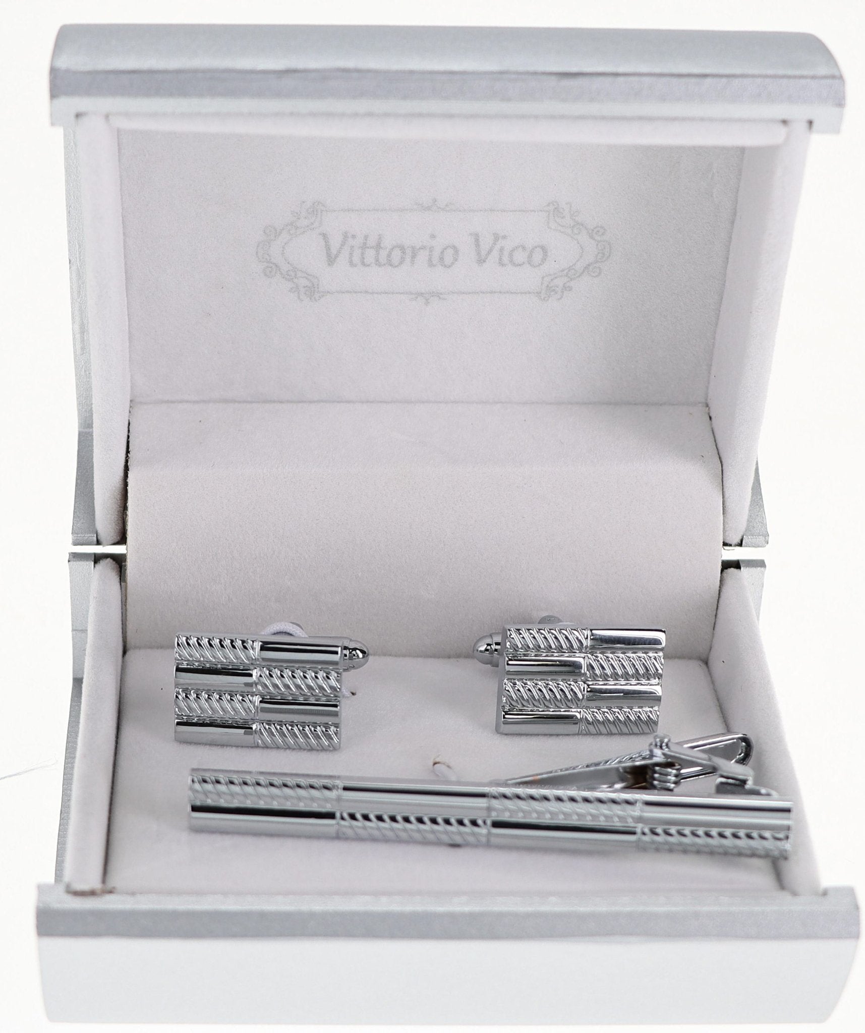 Vittorio Vico Plain Silver Cufflink & Tie Bar Set in Gift Box - CLTB-505 - Classy Cufflinks