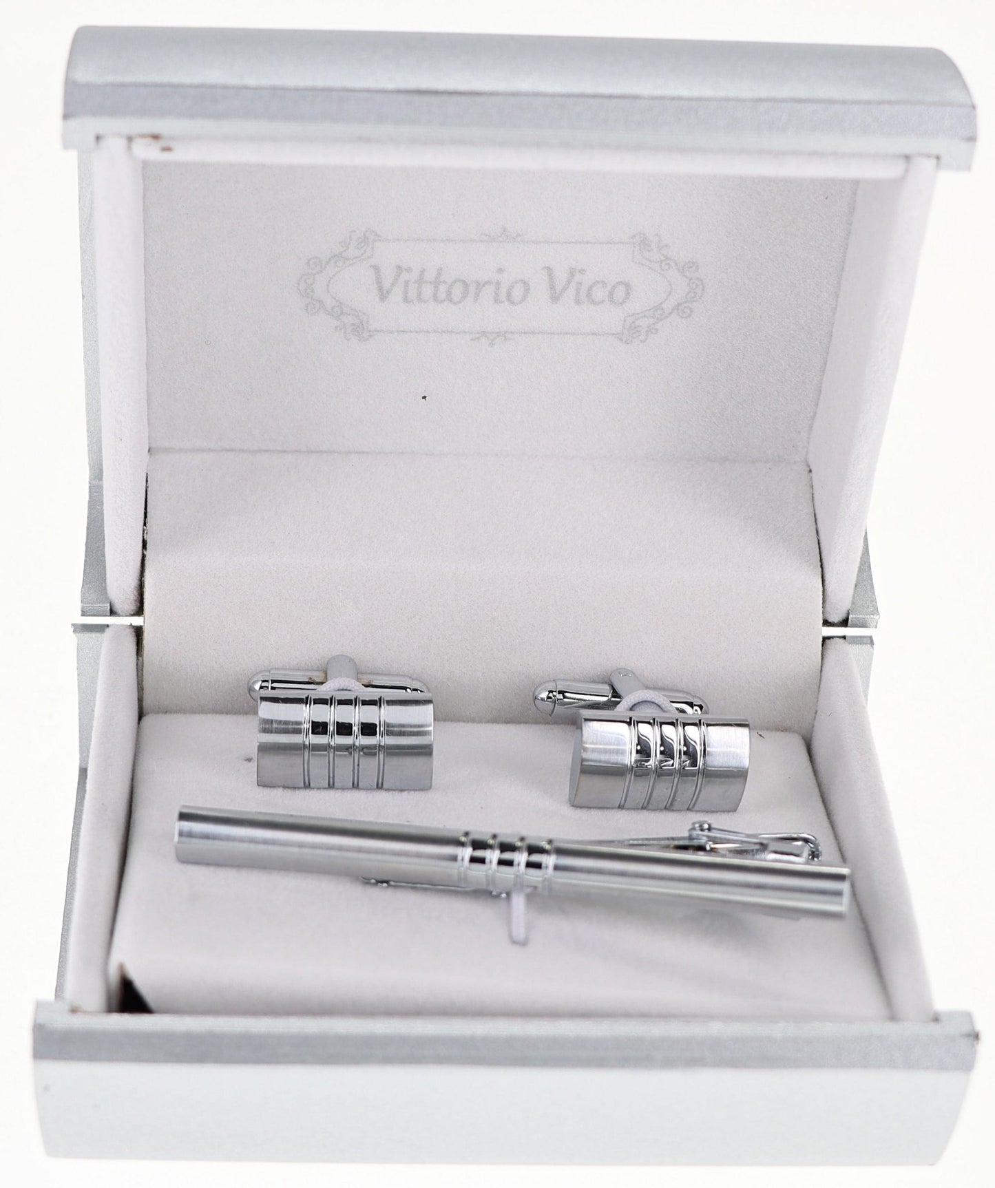 Vittorio Vico Plain Silver Cufflink & Tie Bar Set in Gift Box - CLTB-509 - Classy Cufflinks