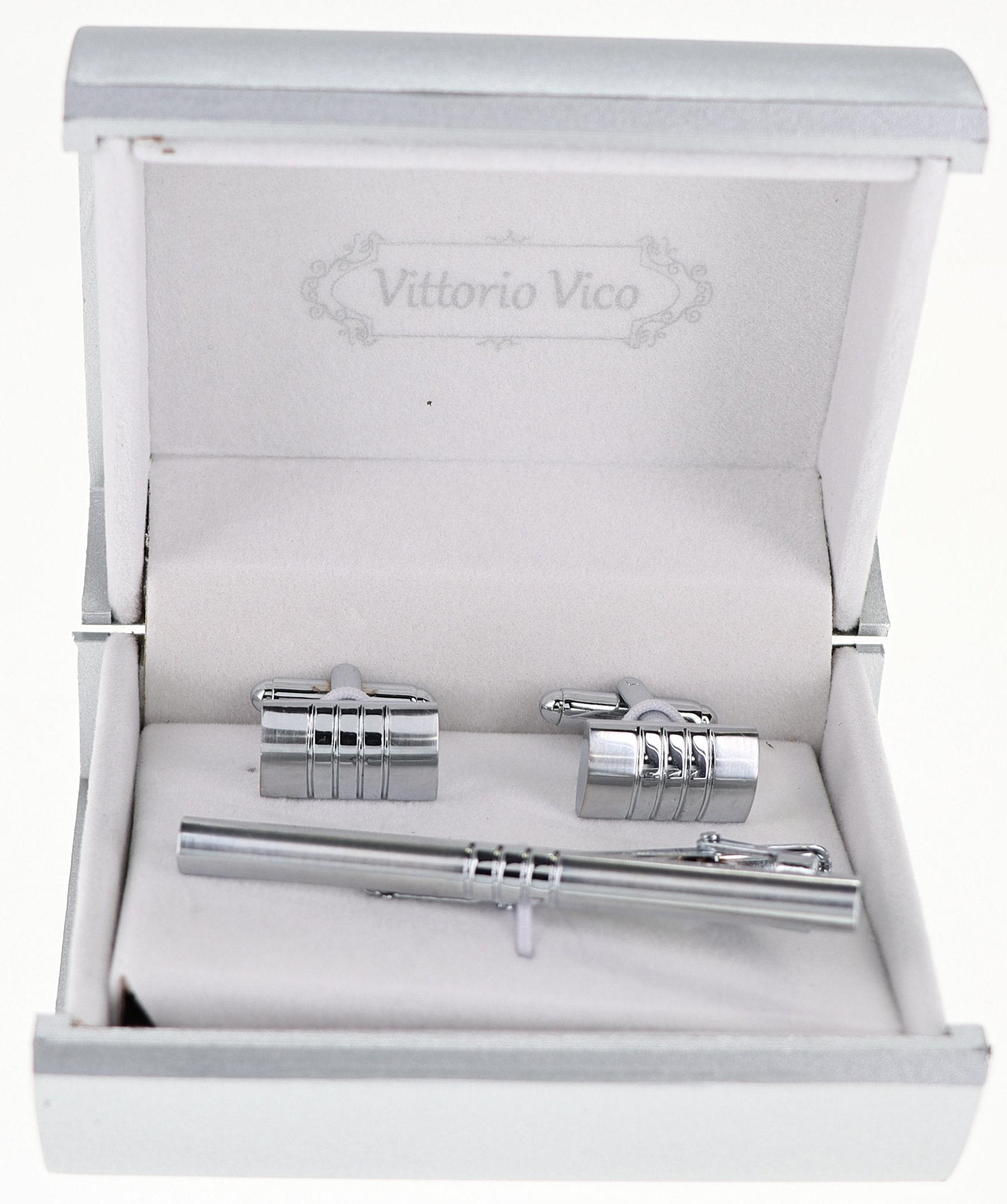 Vittorio Vico Plain Silver Cufflink & Tie Bar Set in Gift Box - CLTB-509 - Classy Cufflinks