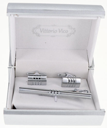 Vittorio Vico Plain Silver Cufflink & Tie Bar Set in Gift Box - CLTB-509 - Classy Cufflinks