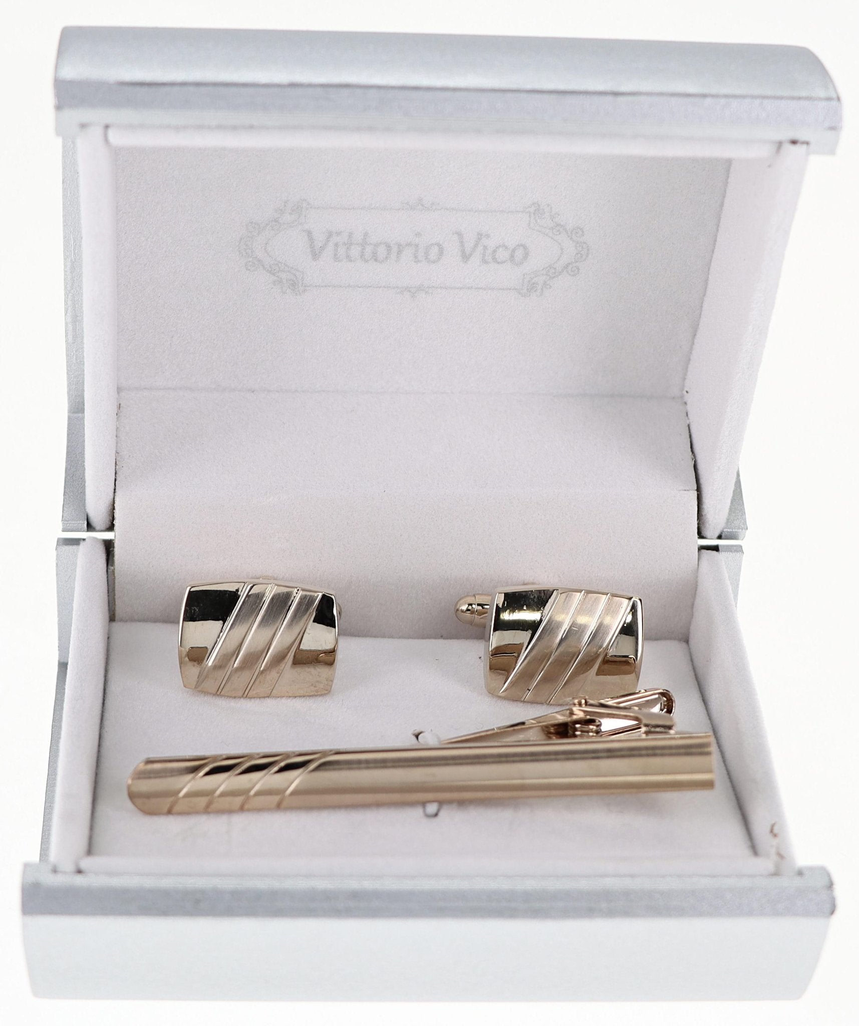 Vittorio Vico Plain Gold Cufflink & Tie Bar Set in Gift Box - CLTB-510 - Classy Cufflinks