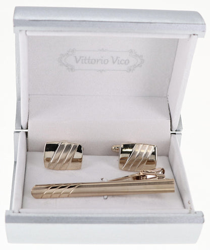 Vittorio Vico Plain Gold Cufflink & Tie Bar Set in Gift Box - CLTB-510 - Classy Cufflinks