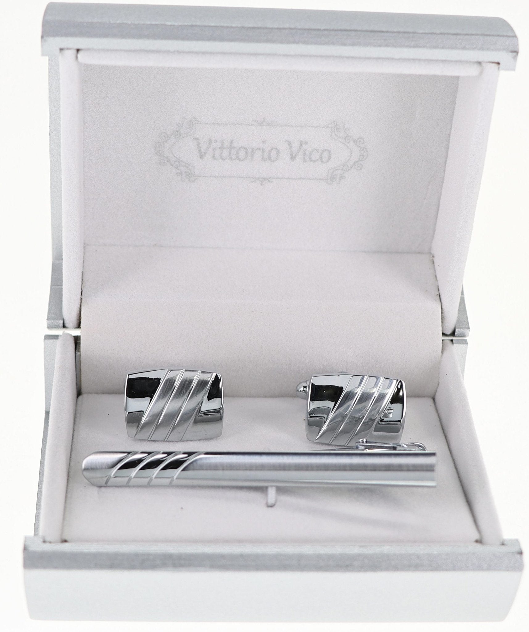 Vittorio Vico Plain Silver Cufflink & Tie Bar Set in Gift Box - CLTB-511 - Classy Cufflinks