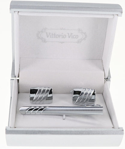 Vittorio Vico Plain Silver Cufflink & Tie Bar Set in Gift Box - CLTB-511 - Classy Cufflinks