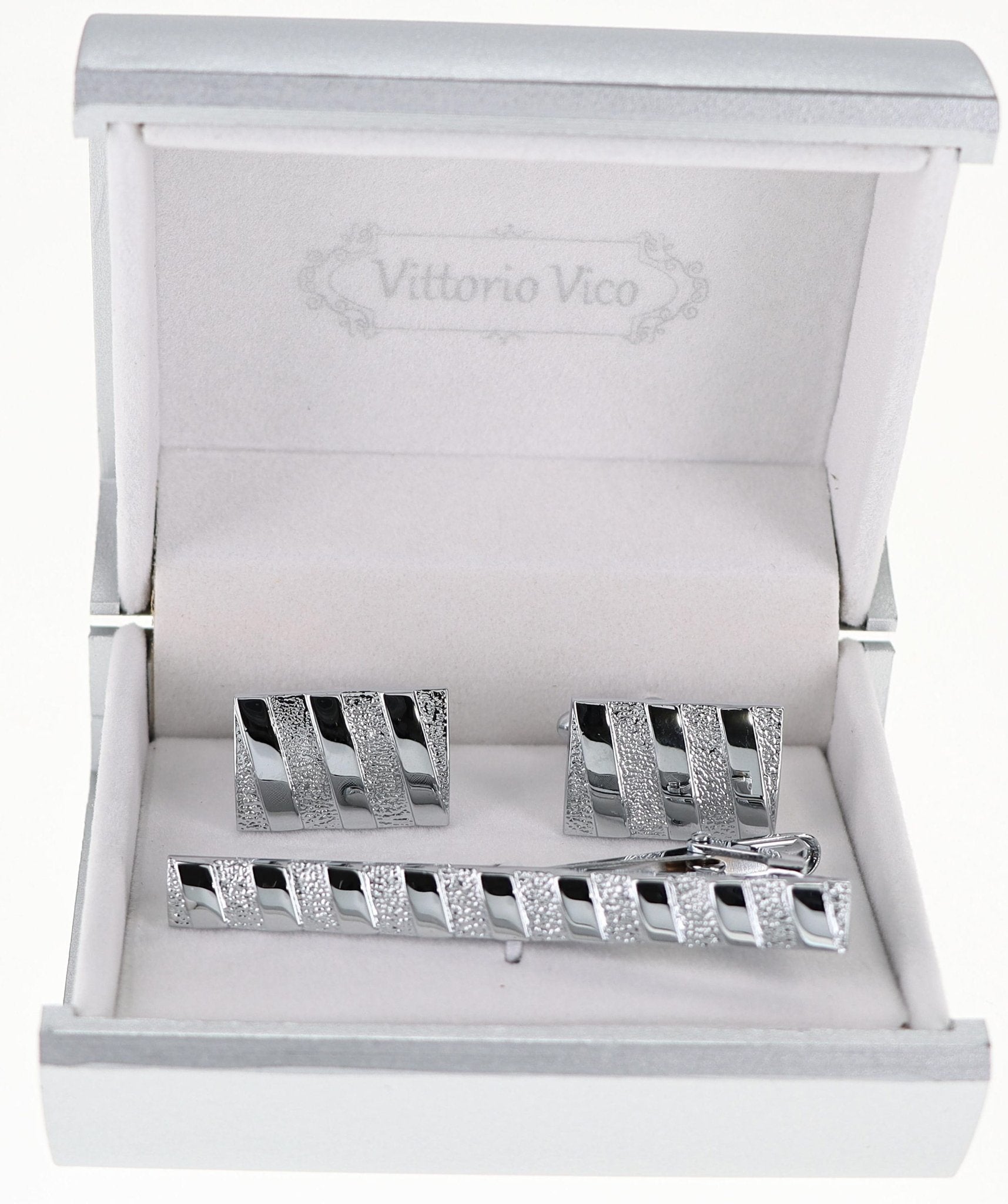 Vittorio Vico Plain Silver Cufflink & Tie Bar Set in Gift Box - CLTB-513 - Classy Cufflinks
