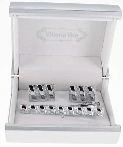 Vittorio Vico Plain Silver Cufflink & Tie Bar Set in Gift Box - CLTB-513 - Classy Cufflinks