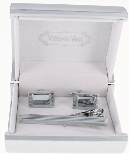 Vittorio Vico Plain Silver Cufflink & Tie Bar Set in Gift Box - CLTB-515 - Classy Cufflinks