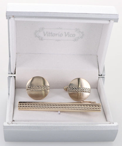 Vittorio Vico Plain Gold Cufflink & Tie Bar Set in Gift Box - CLTB-516 - Classy Cufflinks
