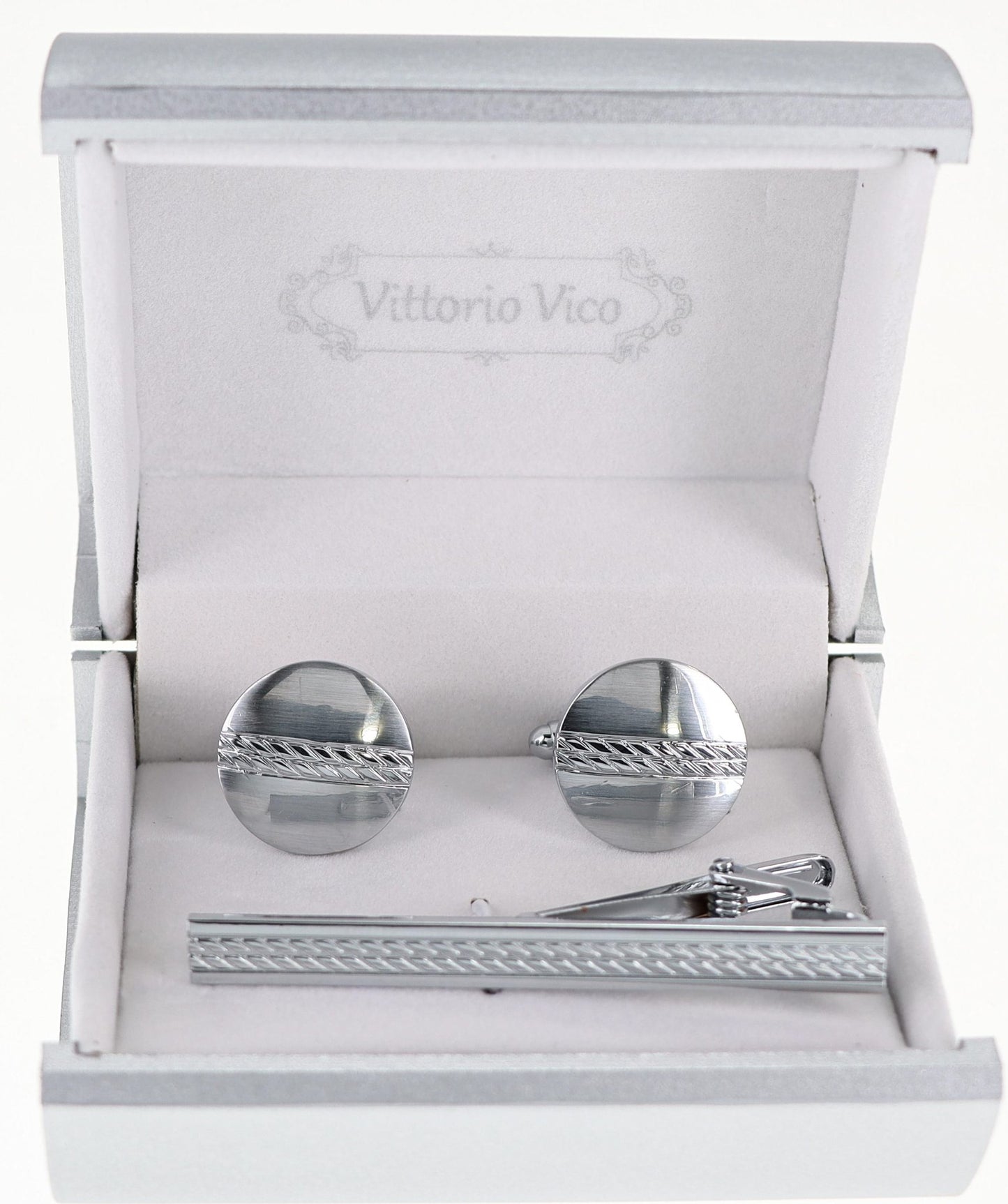 Vittorio Vico Plain Silver Cufflink & Tie Bar Set in Gift Box - CLTB-517 - Classy Cufflinks
