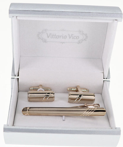 Vittorio Vico Plain Gold Cufflink & Tie Bar Set in Gift Box - CLTB-518 - Classy Cufflinks