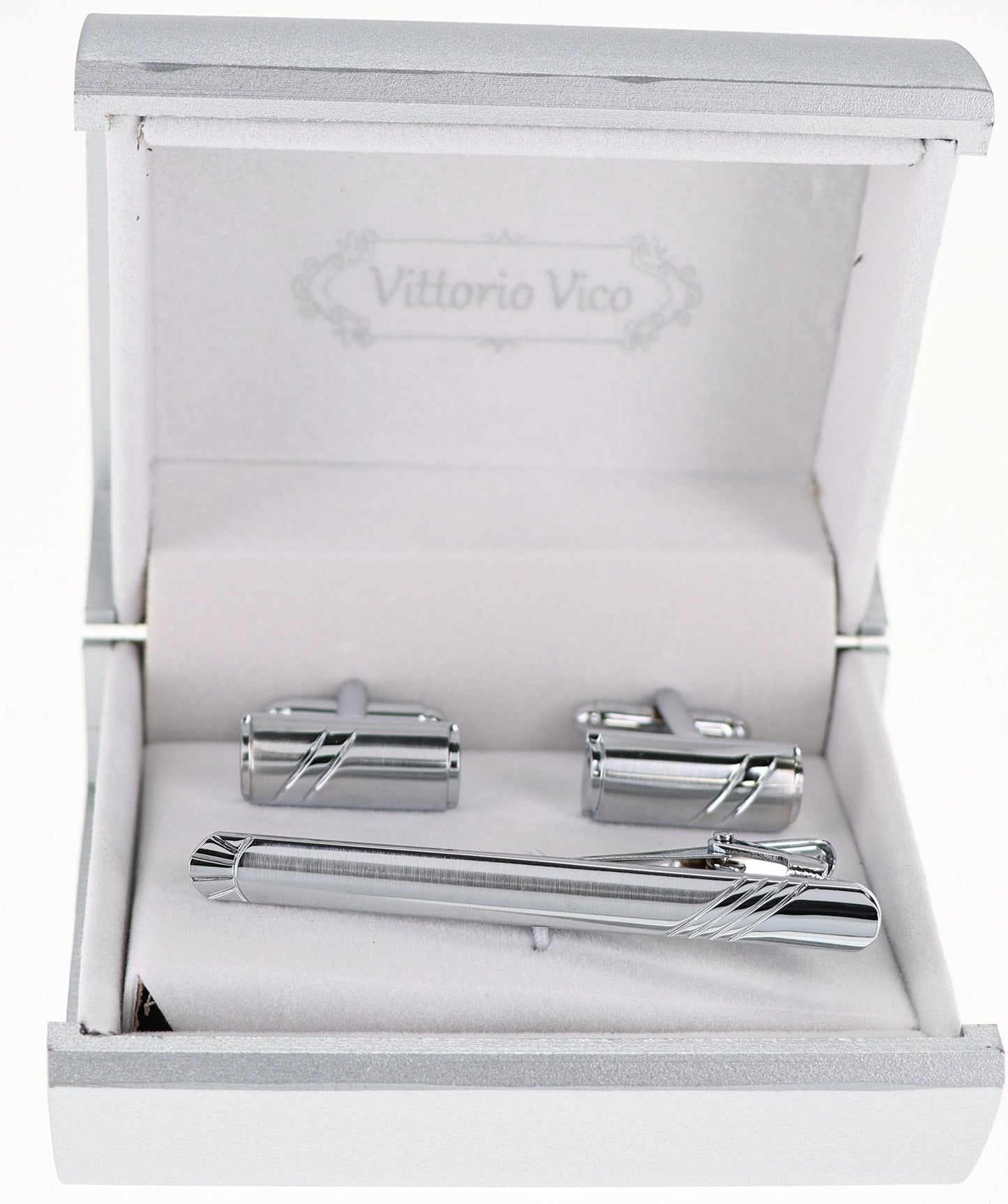 Vittorio Vico Plain Silver Cufflink & Tie Bar Set in Gift Box - CLTB-519 - Classy Cufflinks