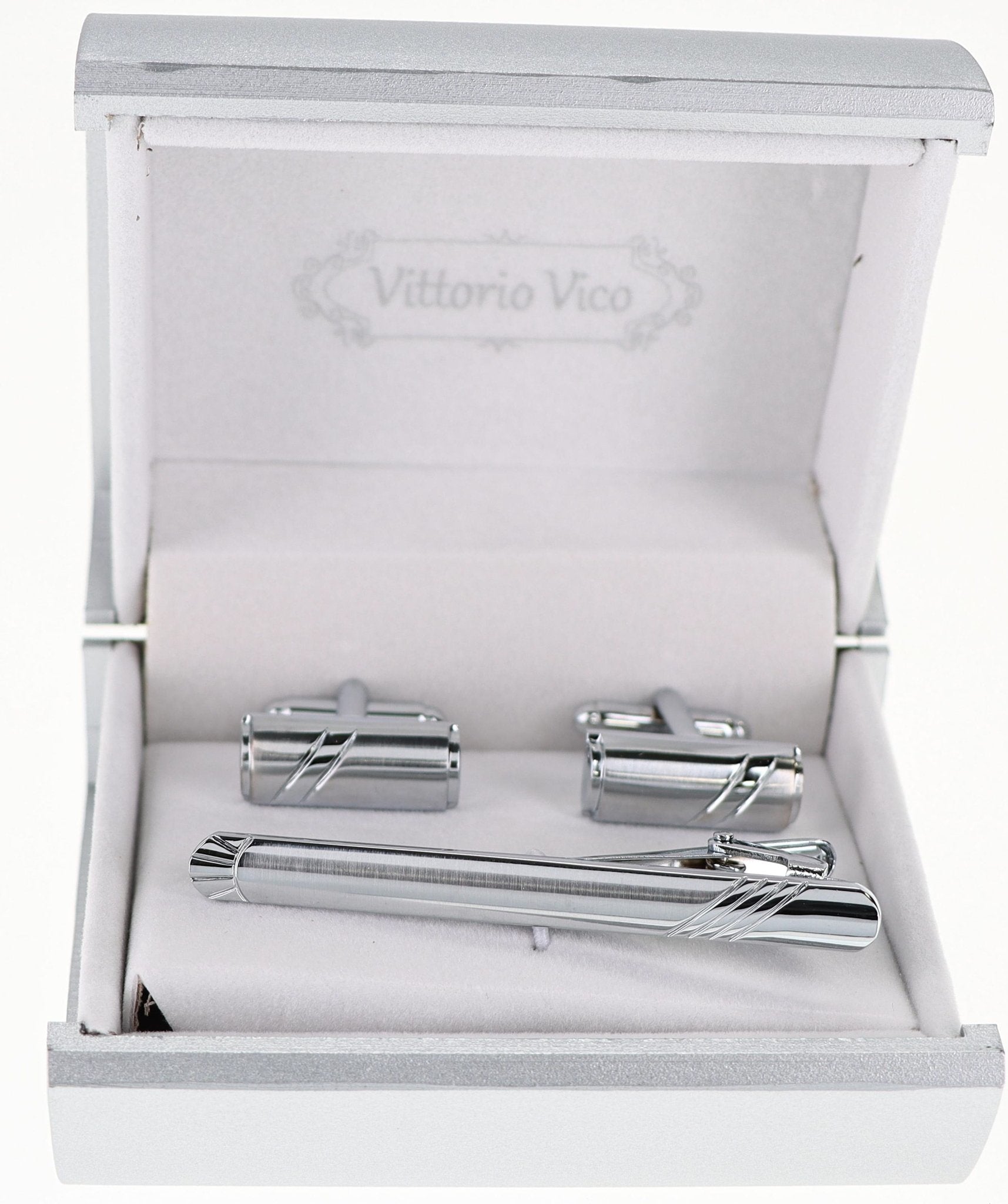 Vittorio Vico Plain Silver Cufflink & Tie Bar Set in Gift Box - CLTB-519 - Classy Cufflinks