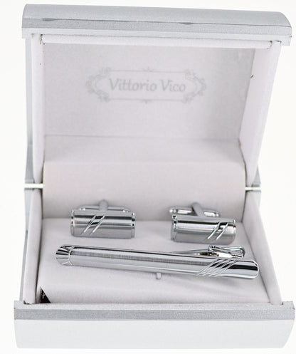 Vittorio Vico Plain Silver Cufflink & Tie Bar Set in Gift Box - CLTB-519 - Classy Cufflinks