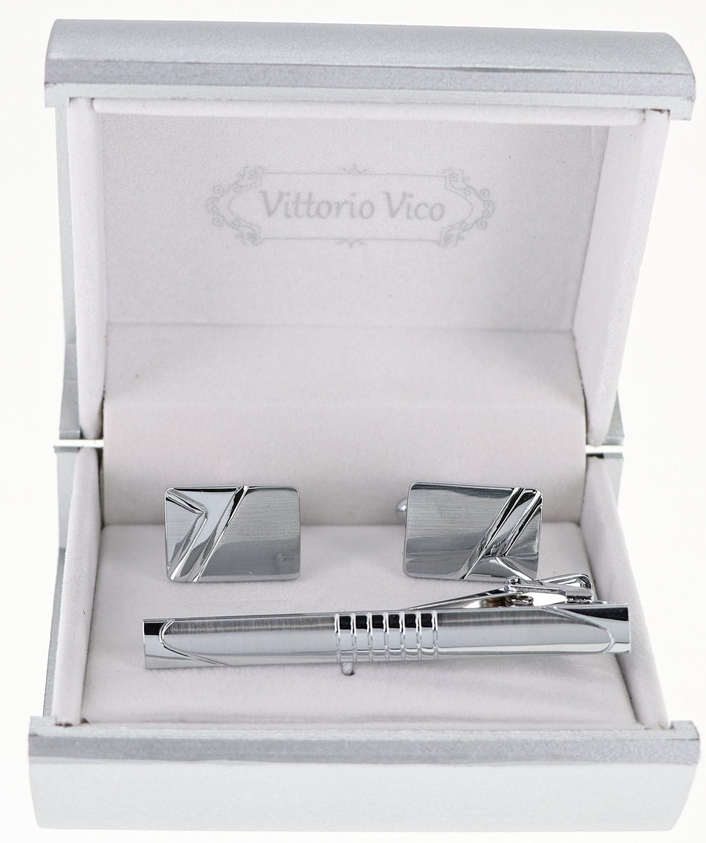 Vittorio Vico Plain Silver Cufflink & Tie Bar Set in Gift Box - CLTB-521 - Classy Cufflinks