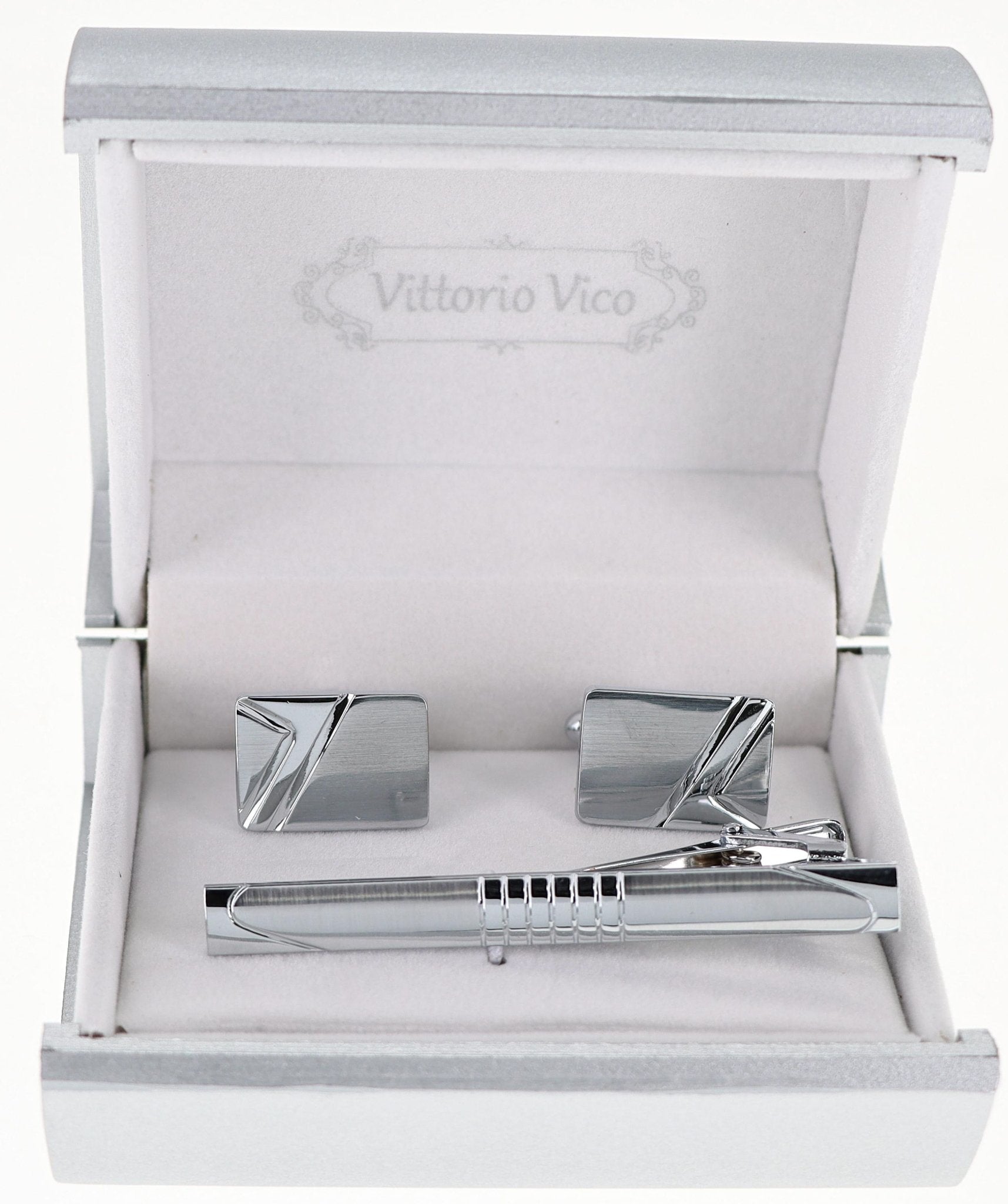 Vittorio Vico Plain Silver Cufflink & Tie Bar Set in Gift Box - CLTB-521 - Classy Cufflinks