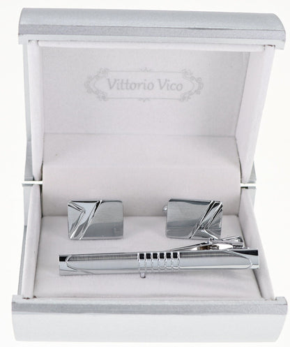 Vittorio Vico Plain Silver Cufflink & Tie Bar Set in Gift Box - CLTB-521 - Classy Cufflinks