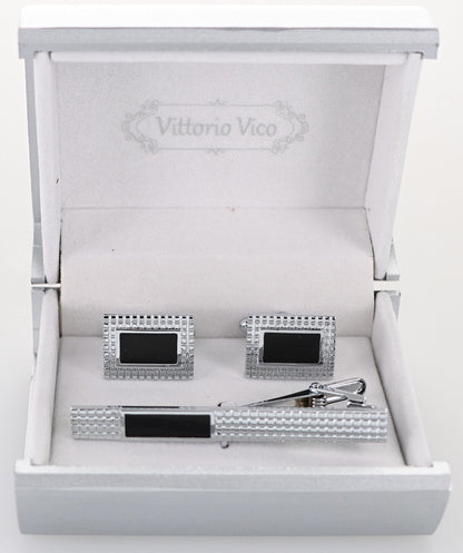 Vittorio Vico Plain Silver Cufflink & Tie Bar Set in Gift Box - CLTB-529 - Classy Cufflinks