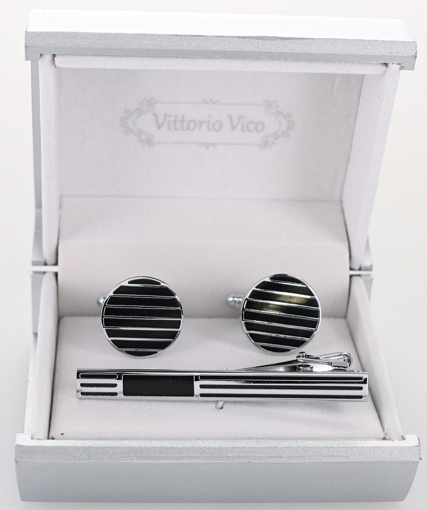 Vittorio Vico Plain Silver Cufflink & Tie Bar Set in Gift Box - CLTB-533 - Classy Cufflinks