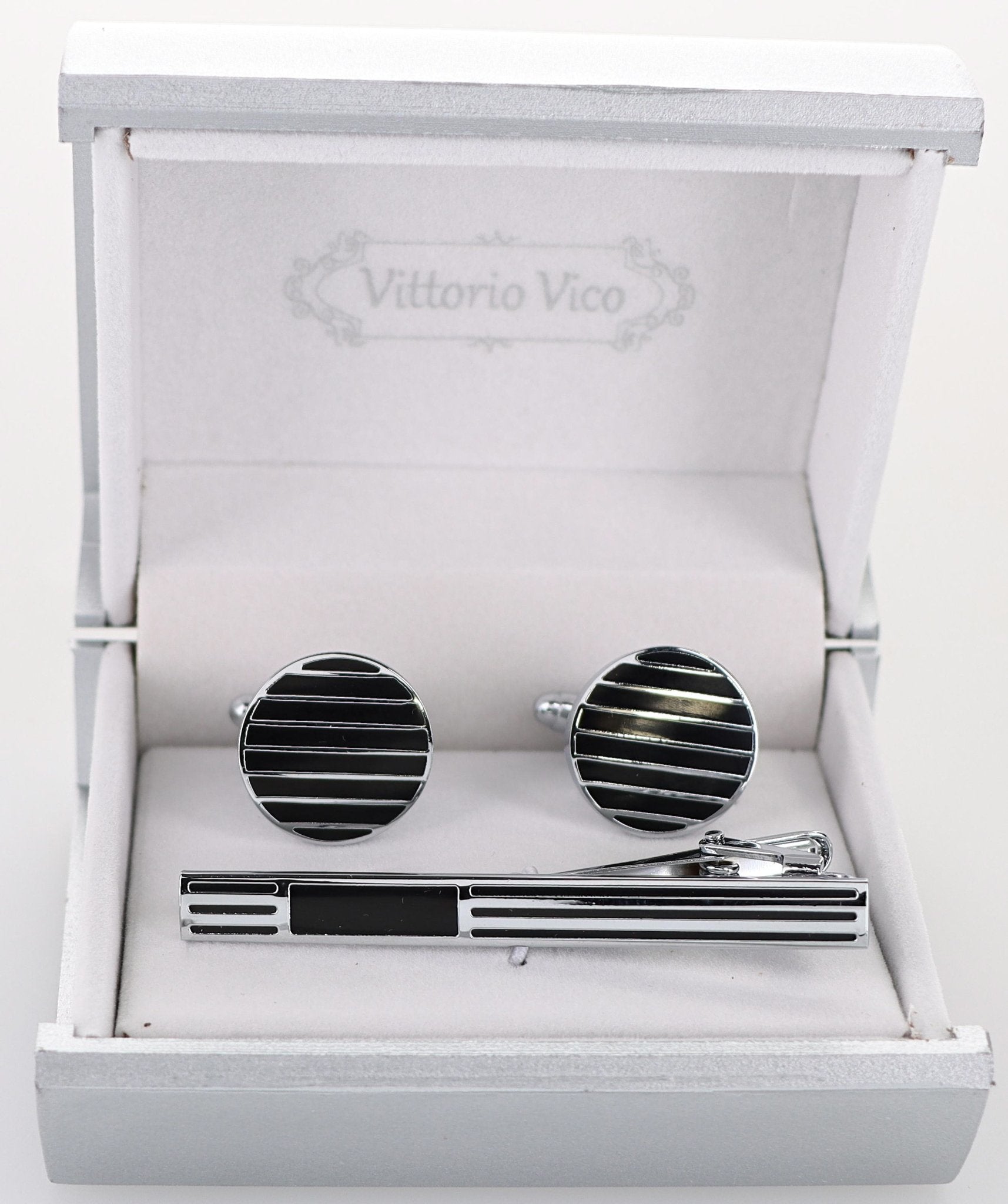 Vittorio Vico Plain Silver Cufflink & Tie Bar Set in Gift Box - CLTB-533 - Classy Cufflinks