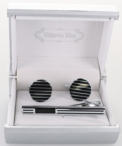 Vittorio Vico Plain Silver Cufflink & Tie Bar Set in Gift Box - CLTB-533 - Classy Cufflinks