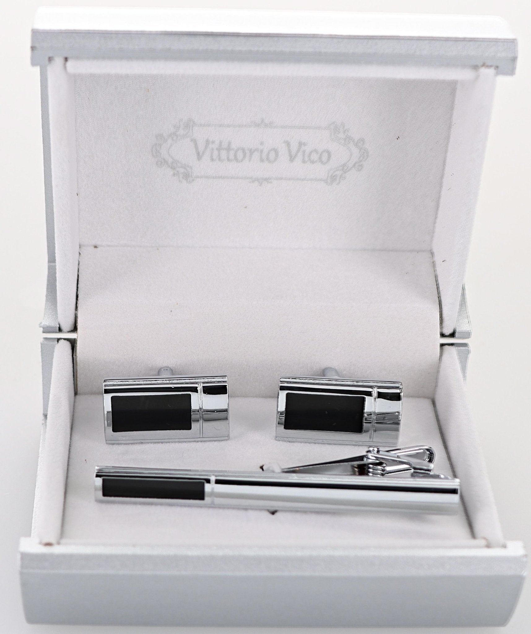 Vittorio Vico Plain Silver Cufflink & Tie Bar Set in Gift Box - CLTB-535 - Classy Cufflinks