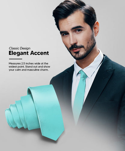 Vittorio Farina Men's Satin Skinny Necktie - N - SKINNY_AQUA - Classy Cufflinks