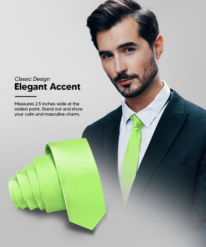 Vittorio Farina Men's Satin Skinny Necktie - N - SKINNY_LIME - Classy Cufflinks