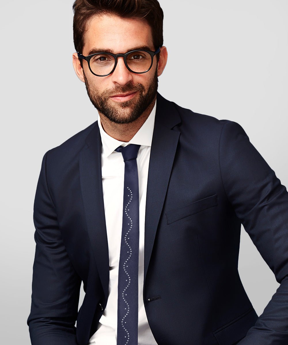 Vittorio Farina Men's Satin Skinny Necktie with Rhinestones - N - SKINNY - R_NAVY - Classy Cufflinks