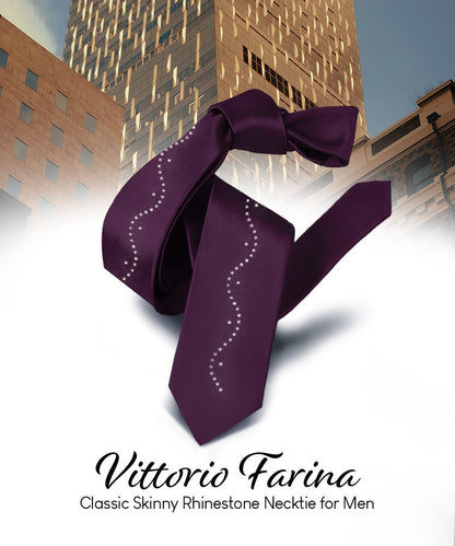 Vittorio Farina Men's Satin Skinny Necktie with Rhinestones - N - SKINNY - R_PLUM - Classy Cufflinks