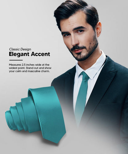 Vittorio Farina Men's Satin Skinny Necktie - N - SKINNY_TEAL - Classy Cufflinks