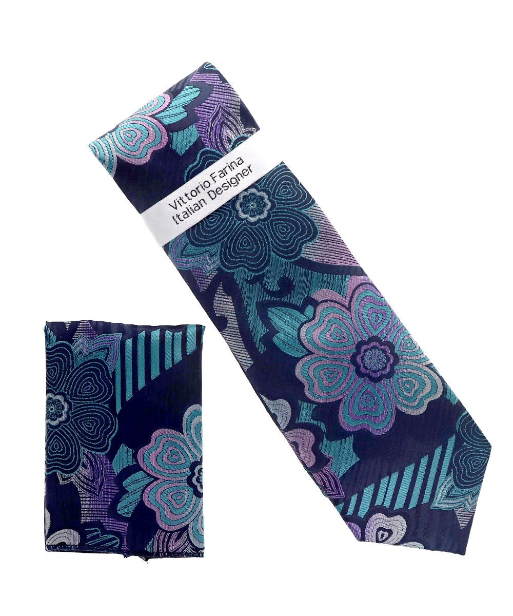 Vittorio Farina Men's Floral Design Necktie & Pocket Square - NH-D_1477 - Classy Cufflinks