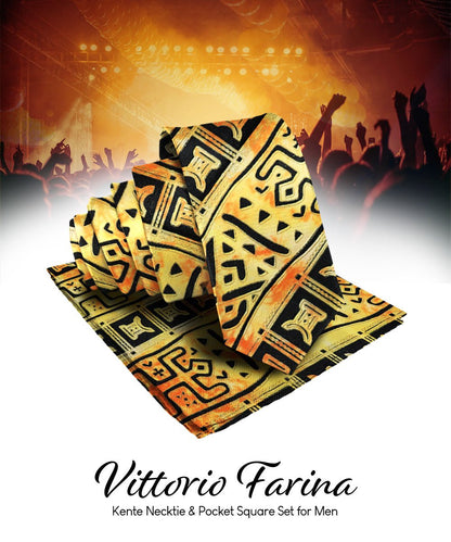 Vittorio Farina Men's Kente Satin Necktie & Pocket Square - NH - K_Kente 4 - Classy Cufflinks