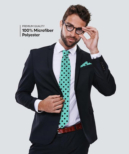 Vittorio Farina Polka Dot Necktie & Pocket Square - NH-PD_17_BLACK_AQUA - Classy Cufflinks