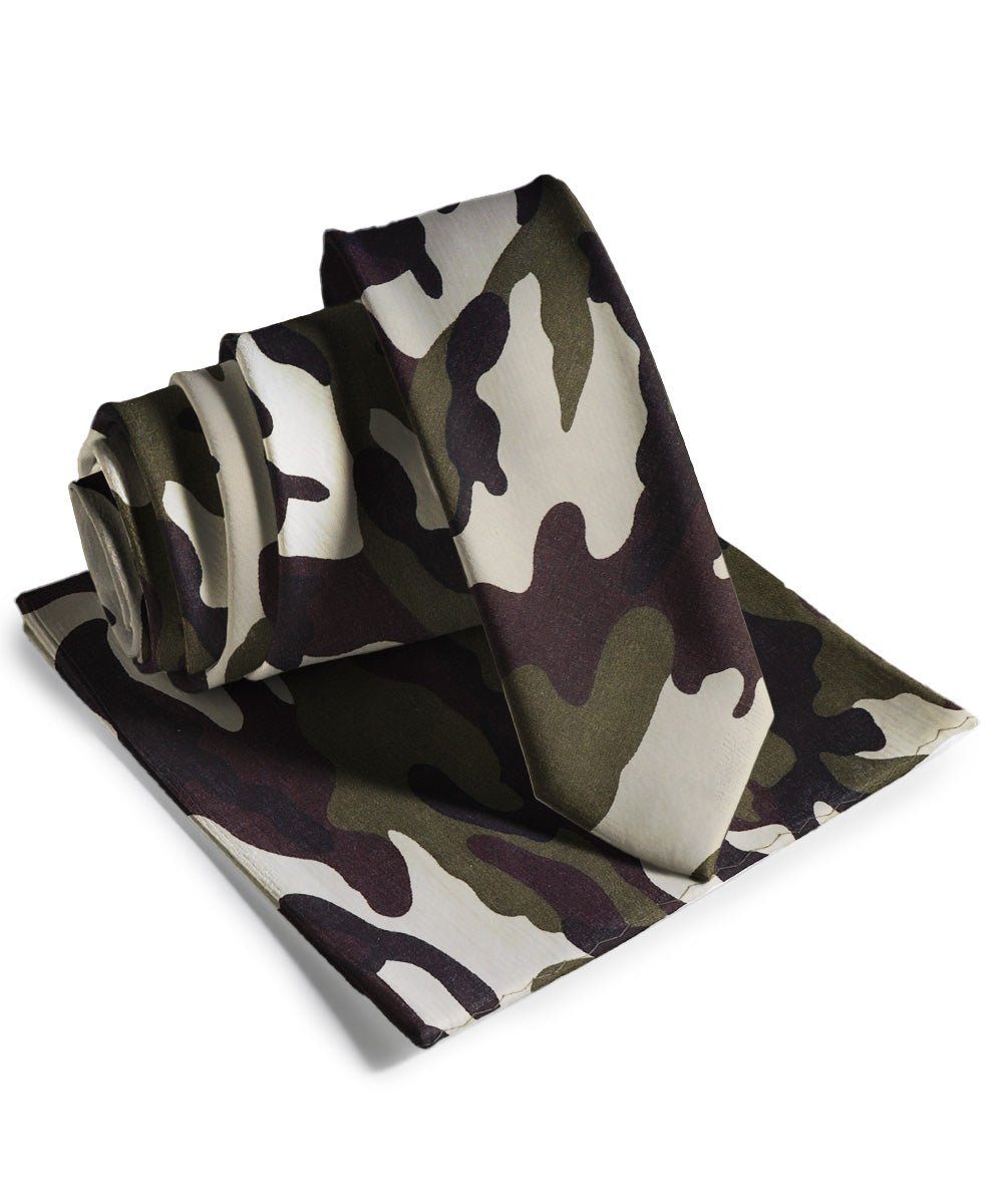 Vittorio Farina Men's Kente Satin Necktie & Pocket Square - NH - SKINNY - K_Camo - Classy Cufflinks