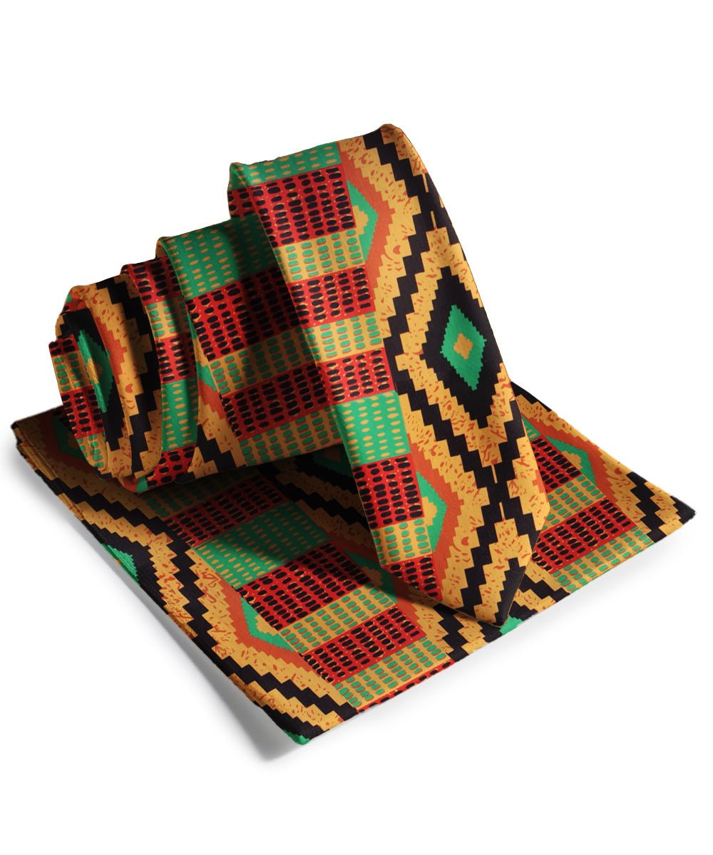 Vittorio Farina Men's Kente Satin Necktie & Pocket Square - NH - SKINNY - K_Kente 2 - Classy Cufflinks