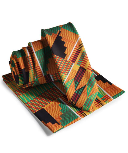 Vittorio Farina Men's Kente Satin Necktie & Pocket Square - NH - SKINNY - K_Kente 3 - Classy Cufflinks