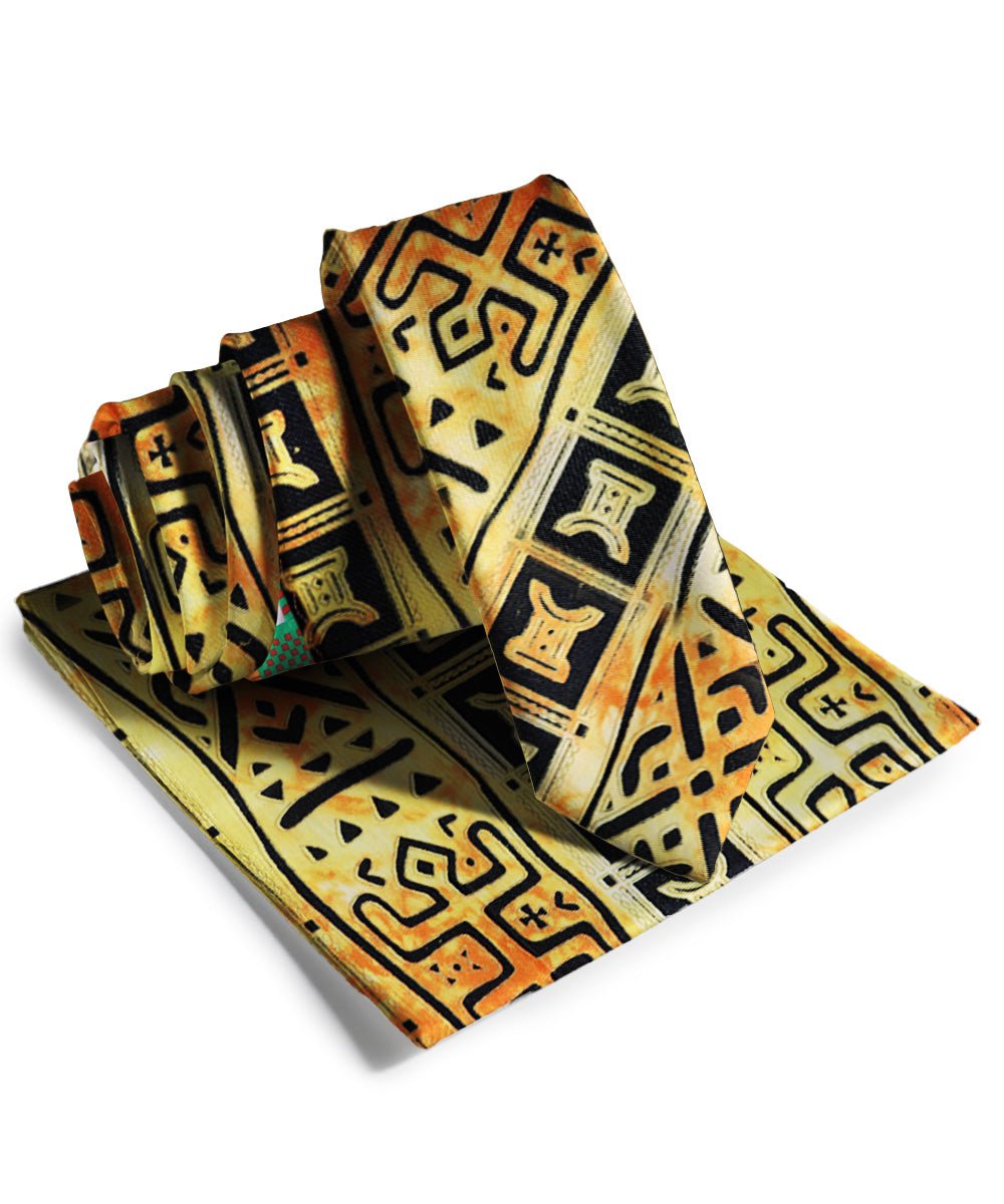 Vittorio Farina Men's Kente Satin Necktie & Pocket Square - NH - SKINNY - K_Kente 4 - Classy Cufflinks