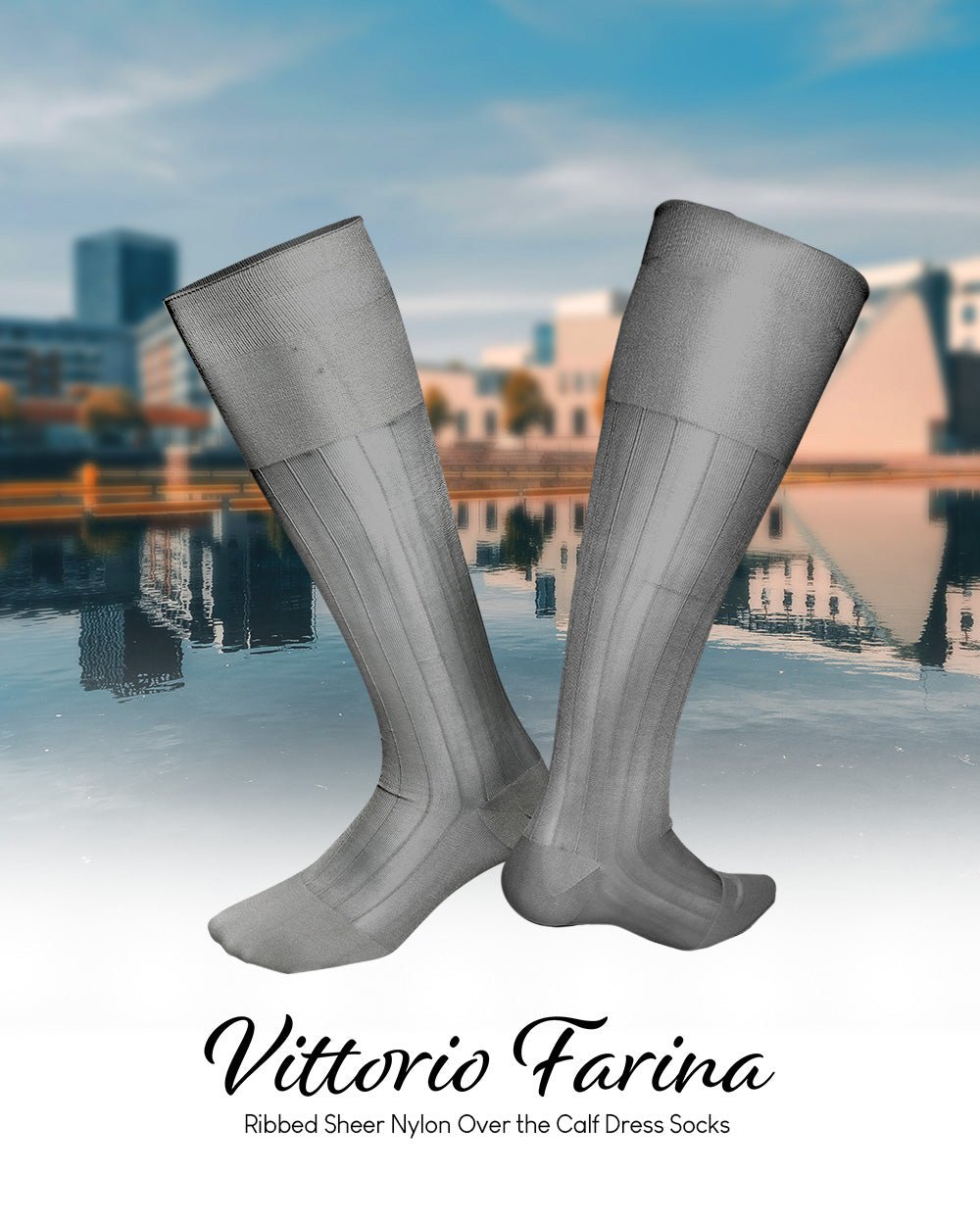 Vittorio Farina Men's Ribbed Shear Nylon Over The Calf Dress Socks - o - c - silver - grey - 12 - Classy Cufflinks