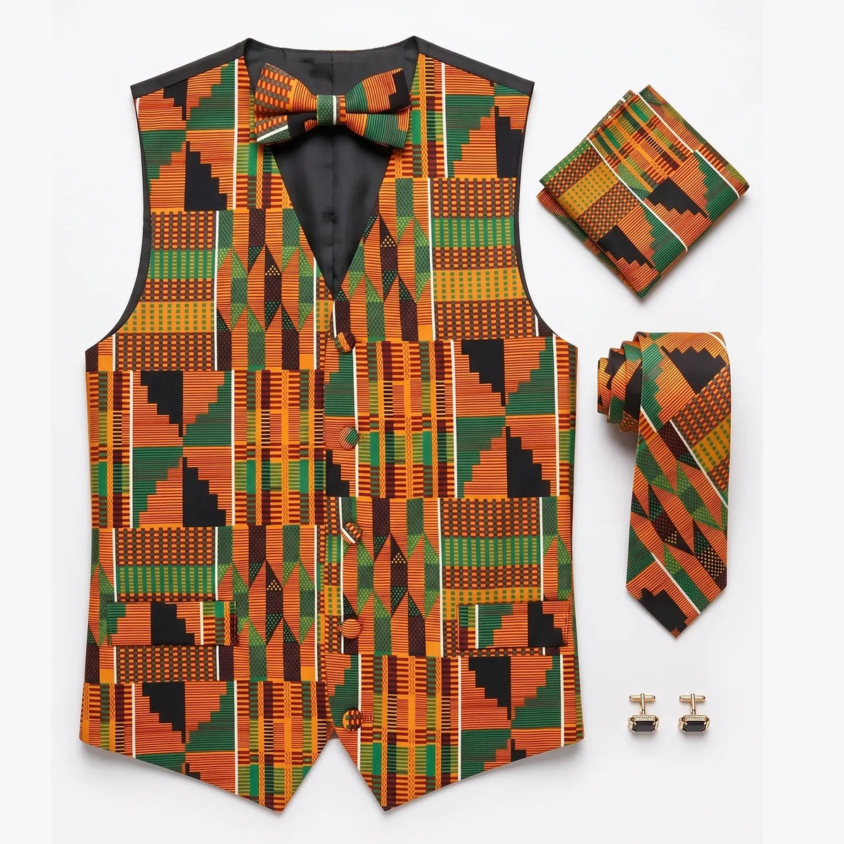 The Kente King Bundle | Vest & Bow Tie + Necktie Set + Cufflinks - 3.5-in - S