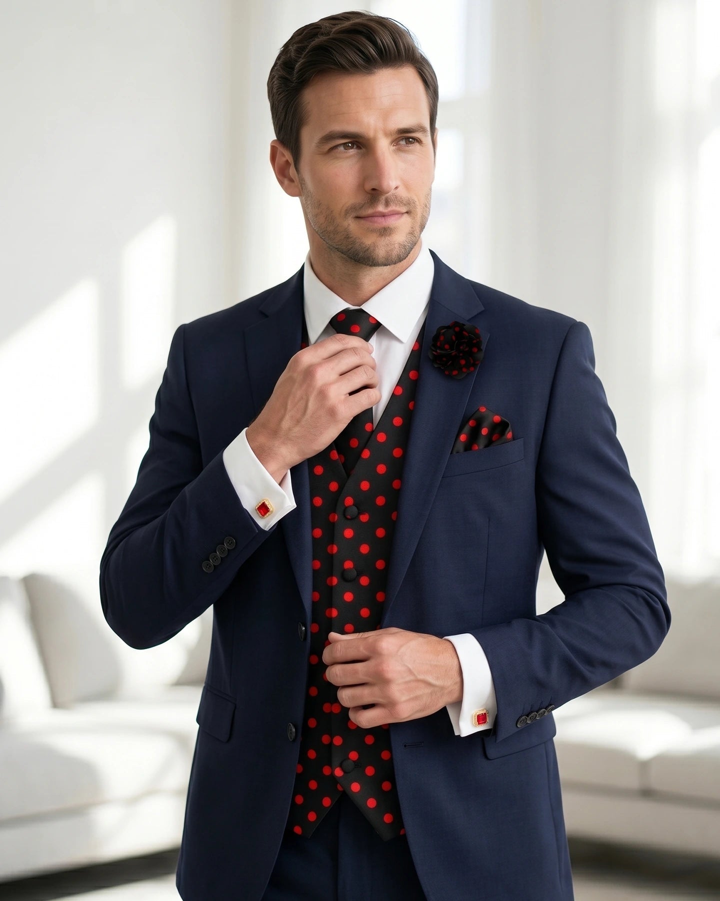 The Polka Dot Gentleman Bundle | Vest Set + Cufflinks + Lapel Pin - M - Black and Red