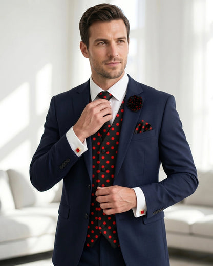 The Polka Dot Gentleman Bundle | Vest Set + Cufflinks + Lapel Pin - M - Black and Red