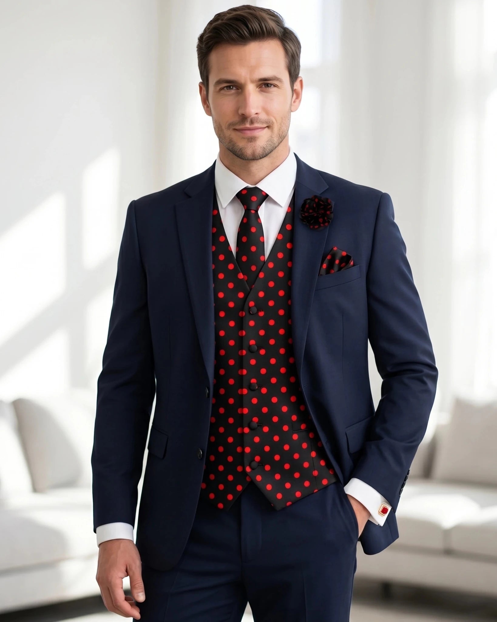 The Polka Dot Gentleman Bundle | Vest Set + Cufflinks + Lapel Pin - M - Black and Red
