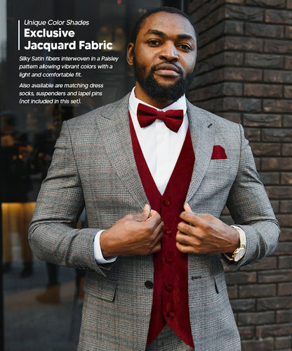 Vittorio Farina Men's Woven Paisley Vest, Necktie, Bow Tie and Pocket Square Set (Black Back) - vest_paisley_BB_burgundy_XS - Classy Cufflinks