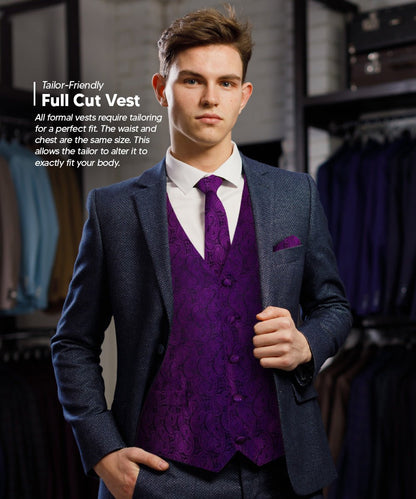Vittorio Farina Men's Woven Paisley Vest, Necktie, Bow Tie and Pocket Square Set (Black Back) - vest_paisley_BB_purple_XS - Classy Cufflinks