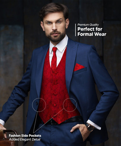 Vittorio Farina Men's Woven Paisley Vest, Necktie, Bow Tie and Pocket Square Set (Black Back) - vest_paisley_BB_red_XS - Classy Cufflinks