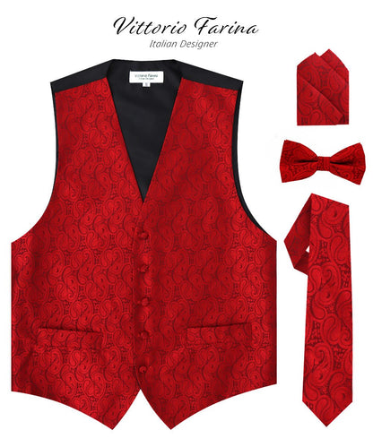 Vittorio Farina Men's Woven Paisley Vest, Necktie, Bow Tie and Pocket Square Set (Black Back) - vest_paisley_BB_red_XS - Classy Cufflinks